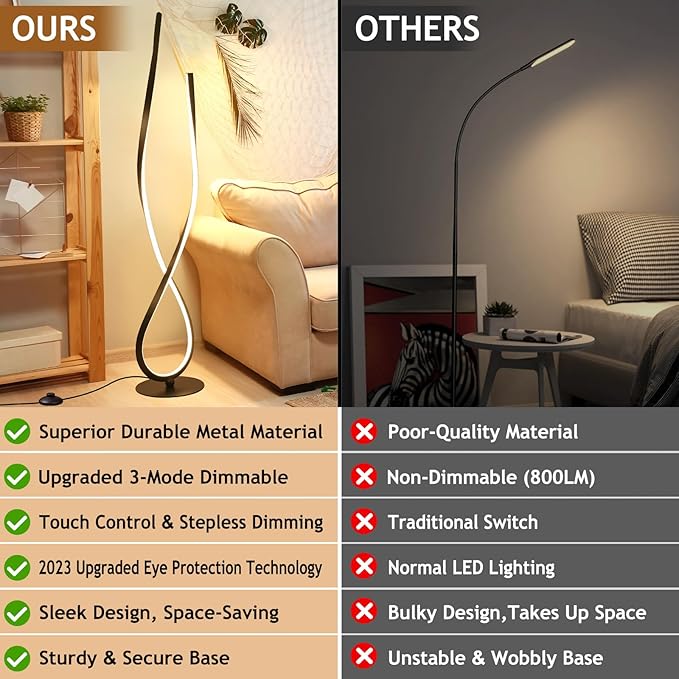 NUÜR Spiral Floor Lamp, 59" Tall Black LED Modern Standing Floor Lamp with Remote Control, Arched Bright Floor Lamps for Living Room Bedroom Office Home (Spiral Floor Lamp) - LeafyLoom