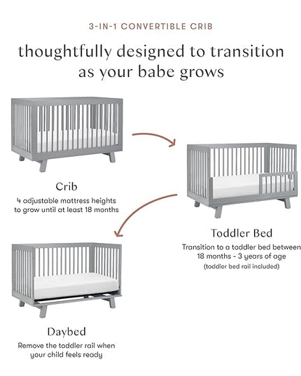 Babyletto Hudson 3-in-1 Convertible Crib with Toddler Bed Conversion Kit in Grey, Greenguard Gold Certified - LeafyLoom