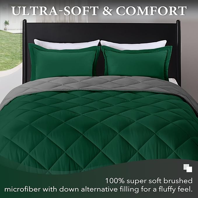 downluxe Queen Comforter Set - Dark Green and Grey Queen Comforter, Soft Bedding Sets for All Seasons -3 Pieces - 1 Comforter (88"x92") and 2 Pillow Shams(20"x26") - LeafyLoom