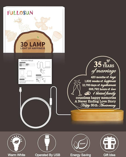 FULLOSUN Anniversary Wedding Gifts for Him/Her, I Love You Night Light 3D Illusion Lamp for Couple Wife Husband Romantic Valentines Wedding Day Present (35th) - LeafyLoom