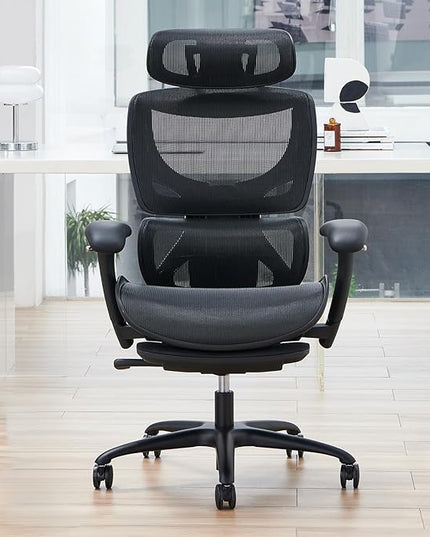 Ergonomic Mesh Office Chair with Footrest, Executive High Back Computer Desk Chair with Wide Headrest and Adjustable 3D Arms, Backrest, Tilt Lock and Lumbar Support-Black - LeafyLoom