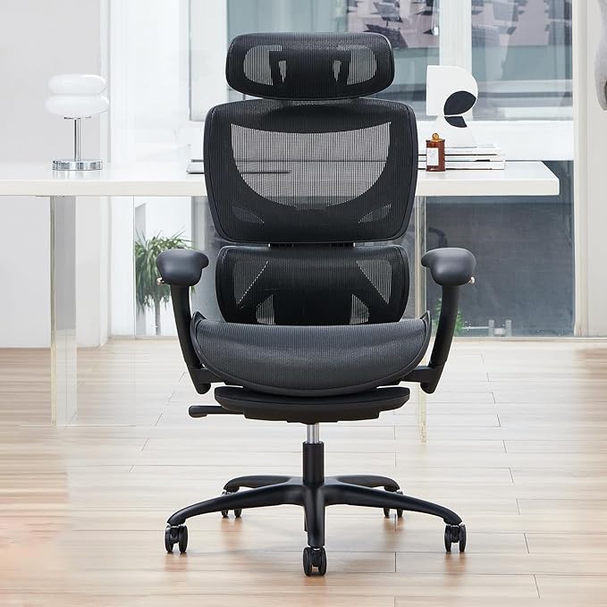 Ergonomic Mesh Office Chair with Footrest, Executive High Back Computer Desk Chair with Wide Headrest and Adjustable 3D Arms, Backrest, Tilt Lock and Lumbar Support-Black - LeafyLoom