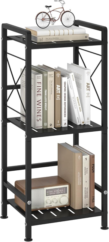 JSB 3 Tier Metal Bookshelf Bathroom Storage Standing Shelf Unit Kitchen Storage Organizer Display Rack Bookcases Shelves for Living Room, Bedroom, Office (Black, 3 Tier) - LeafyLoom