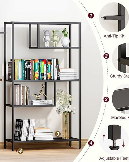 HOME BI Geometric Bookshelf, Tall Modern Etagere Bookcase, Industrial Metal Book Shelf with 5 Open Display Shelves for Office Living Room, Black - LeafyLoom