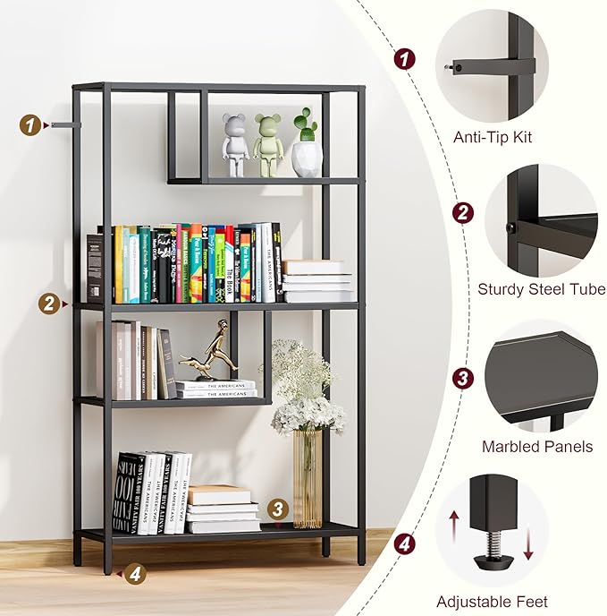 HOME BI Geometric Bookshelf, Tall Modern Etagere Bookcase, Industrial Metal Book Shelf with 5 Open Display Shelves for Office Living Room, Black - LeafyLoom