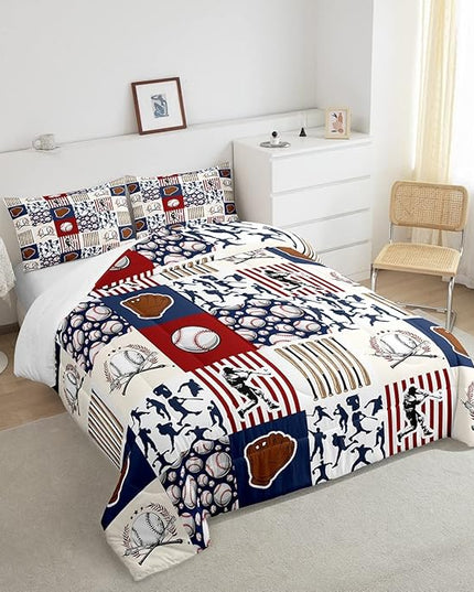 Erosebridal Kids Baseball Full Comforter Set for Boys,Teen Baseball Athlete Bedding Set Room Decor Sports Theme Bed Comforter Sets Baseball Bat Gloves Quilt Duvet with 2 Pillow Cases Red Navy Blue - LeafyLoom