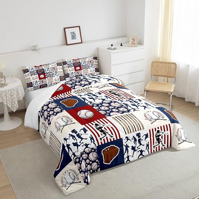 Erosebridal Kids Baseball Full Comforter Set for Boys,Teen Baseball Athlete Bedding Set Room Decor Sports Theme Bed Comforter Sets Baseball Bat Gloves Quilt Duvet with 2 Pillow Cases Red Navy Blue - LeafyLoom