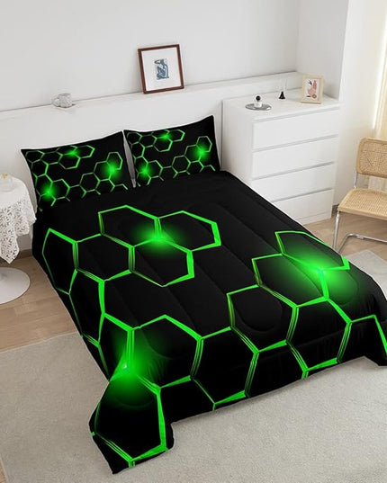 Honeycomb Kids Comforter Set Modern Geometry Hexagon Bedding Set for Boys Teens Decor Geometrical Comforter Beehive Geometric Black Green Duvet Set King Size with 3 Pillow Case Boys - LeafyLoom