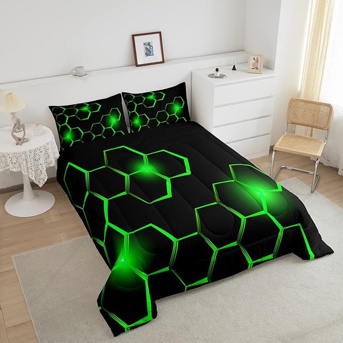 Honeycomb Kids Comforter Set Modern Geometry Hexagon Bedding Set for Boys Teens Decor Geometrical Comforter Beehive Geometric Black Green Duvet Set King Size with 3 Pillow Case Boys - LeafyLoom