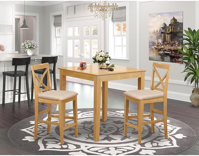 East West Furniture PUBS3-OAK-C 3 Piece Kitchen Counter Set for Small Spaces Contains a Square Table and 2 Linen Fabric Dining Room Chairs, 36x36 Inch - LeafyLoom