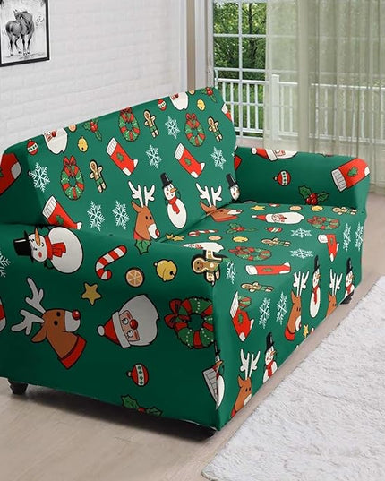 FKELYI Christmas Decorations Green Sofa Slipcover Santa Claus Stretch Sofa Couch Cover for Indoor Washable Furniture Protector with Elastic Bottom L FKELYI