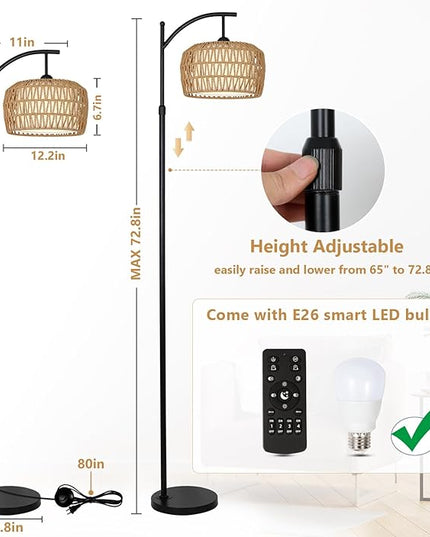 Arc Floor Lamp with Remote, Dimmable Rattan Floor Lamp with LED Bulb, Boho Farmhouse Tall Pole Lamp with Rattan & Fabric Shades, Modern Black Standing Lamps for Living Room Bedroom Nursery - LeafyLoom