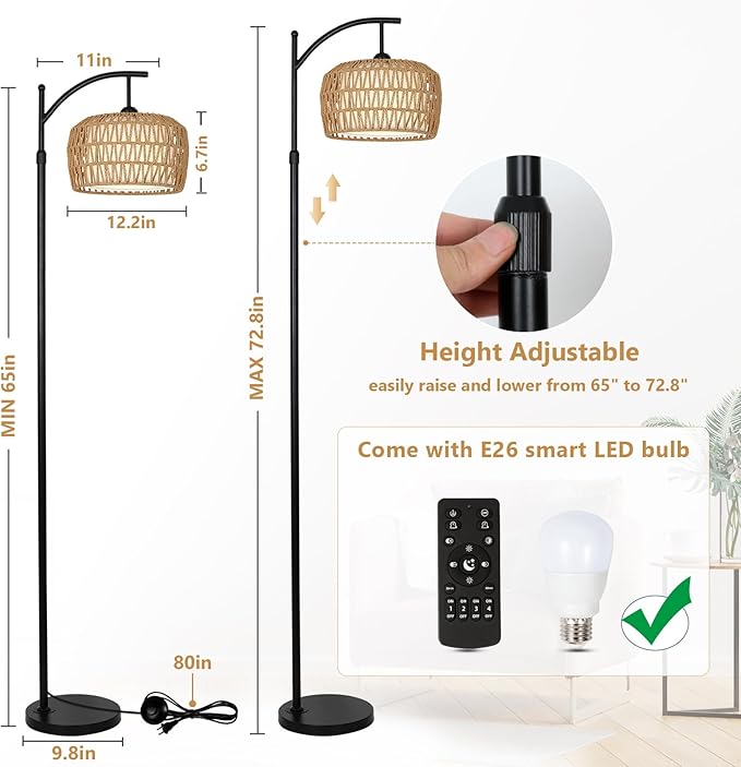 Arc Floor Lamp with Remote, Dimmable Rattan Floor Lamp with LED Bulb, Boho Farmhouse Tall Pole Lamp with Rattan & Fabric Shades, Modern Black Standing Lamps for Living Room Bedroom Nursery - LeafyLoom