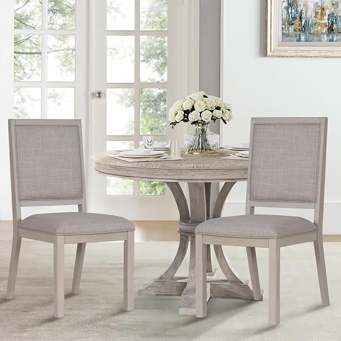 COLAMY Wooden Dining Chairs Set of 2, Mid Century Modern Upholstered Dining Chairs, 19 Inch Fabric Dining Room Chair with Back for Kitchen Dining Living Room Courtyard Waiting Leisure Area, Ivory - LeafyLoom