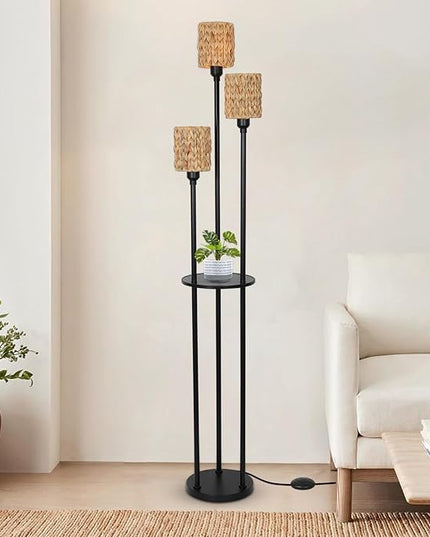 Boho Floor Lamp, 3-Lights Rattan Floor Lamp with Shelves, Farmhouse Floor Lamp with ON/OFF Foot Switch, Rustic Standing Lamp with Rattan Shades, Tall Shelf Floor Lamps for Living Room Bedroom - LeafyLoom