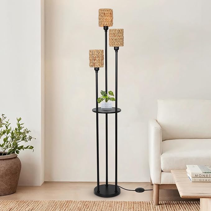 Boho Floor Lamp, 3-Lights Rattan Floor Lamp with Shelves, Farmhouse Floor Lamp with ON/OFF Foot Switch, Rustic Standing Lamp with Rattan Shades, Tall Shelf Floor Lamps for Living Room Bedroom - LeafyLoom