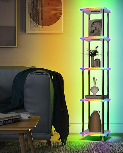 Kekeou RGBCW Floor Lamp with Shelves Tall Lamp Music Sync APP Control Standing Lamp with Wireless Charger & USB Port Color Changing Lamp with Shelves Work with Alexa White 5 Tier - LeafyLoom