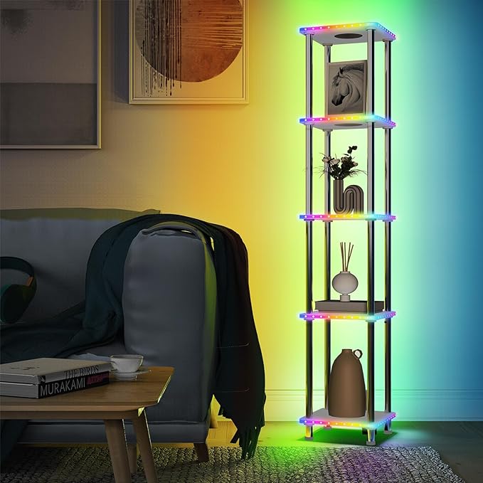 Kekeou RGBCW Floor Lamp with Shelves Tall Lamp Music Sync APP Control Standing Lamp with Wireless Charger & USB Port Color Changing Lamp with Shelves Work with Alexa White 5 Tier - LeafyLoom