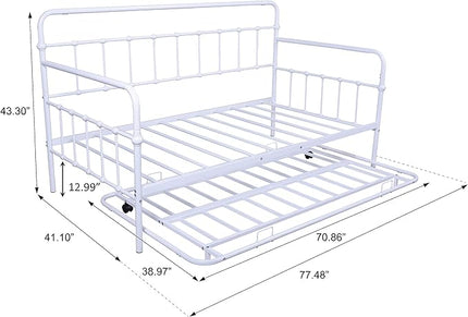 Twin Size Daybed W/Trundle,Metal Sofa Bed Frame with Heavy Duty Steel Slat Support,No Box Spring Needed,for Living Room Bedroom Guest Room,White - LeafyLoom