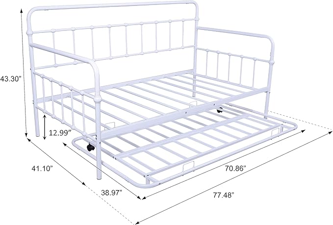 Twin Size Daybed W/Trundle,Metal Sofa Bed Frame with Heavy Duty Steel Slat Support,No Box Spring Needed,for Living Room Bedroom Guest Room,White - LeafyLoom