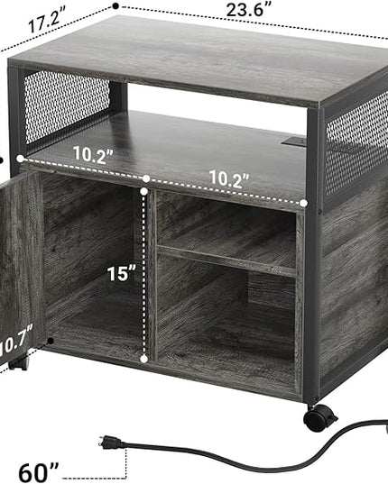 Unikito Rolling File Cabinet Lateral Office Filing Cabinets with Socket and USB Charging Port, Modern Printer Stand on Wheels Printer Cabinet with Door and Open Storage, Lockable, Black Oak - LeafyLoom