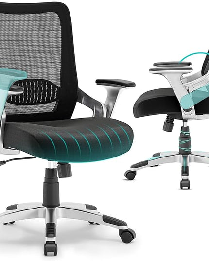 Ergonomic Office Desk Chair, Mesh Computer Gaming Chair with Adjustable Flip-Up Arms, Lumbar Support, Tilt Function, Comfy Wide Seat, Swivel Wheel, Sturdy Big and Tall Task Chairs for Adults Students - LeafyLoom