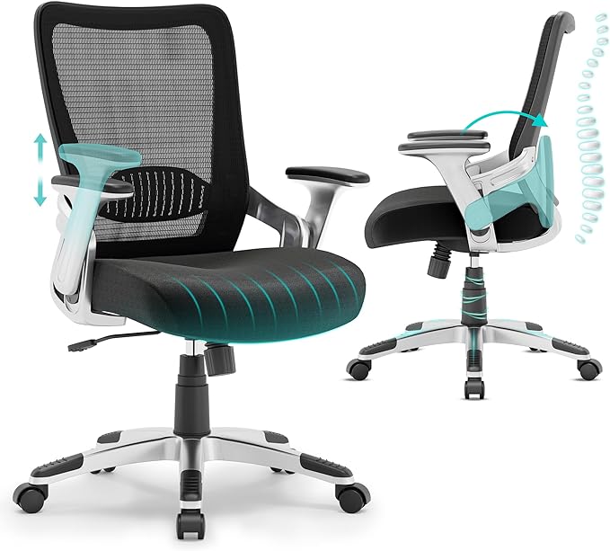 Ergonomic Office Desk Chair, Mesh Computer Gaming Chair with Adjustable Flip-Up Arms, Lumbar Support, Tilt Function, Comfy Wide Seat, Swivel Wheel, Sturdy Big and Tall Task Chairs for Adults Students - LeafyLoom