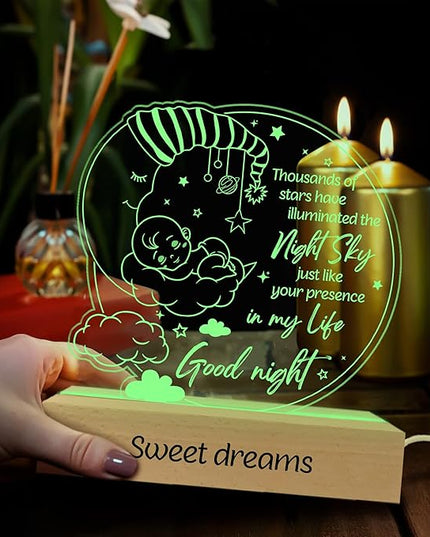 ARTSYWIX Gifts for Kids, Good Night 3D Illusion Lamp LED Wooden Base USB Powered Acrylic Night Light, Gifts for Baby Son Daughter from Parent, Gift for Birthday Holiday Thanksgiving Bedroom Décor - LeafyLoom