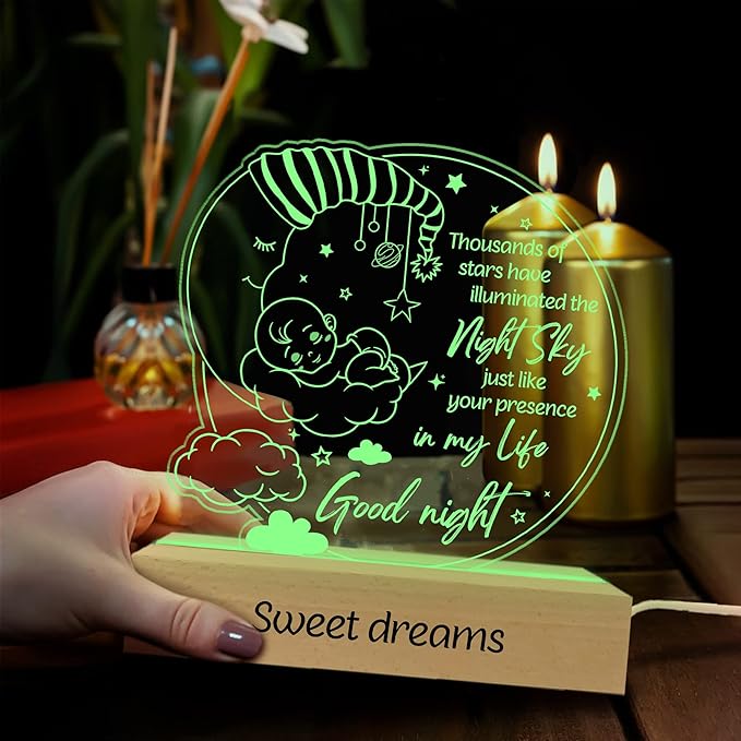 ARTSYWIX Gifts for Kids, Good Night 3D Illusion Lamp LED Wooden Base USB Powered Acrylic Night Light, Gifts for Baby Son Daughter from Parent, Gift for Birthday Holiday Thanksgiving Bedroom Décor - LeafyLoom