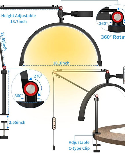 Yofuly Lash Light for Eyelash Extensions, Portable Half Moon Desk Lamp, Esthetician Light for Tattoo Artists, Nail Tech, Eyelash Lamp with Phone Holder | 3000-6000K | 10 Brightness Adjustable - LeafyLoom