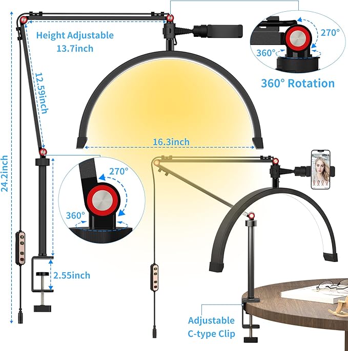 Yofuly Lash Light for Eyelash Extensions, Portable Half Moon Desk Lamp, Esthetician Light for Tattoo Artists, Nail Tech, Eyelash Lamp with Phone Holder | 3000-6000K | 10 Brightness Adjustable - LeafyLoom