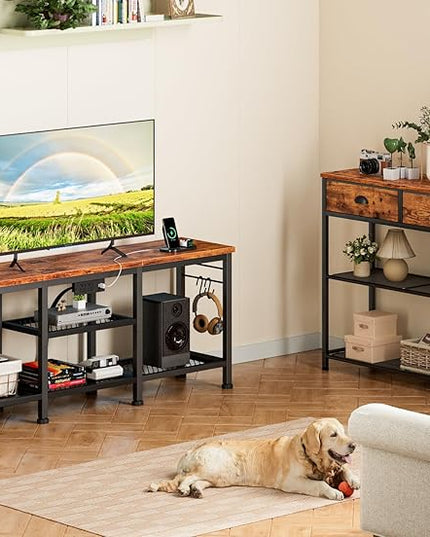 Furologee TV Stand with Power Outlets, Entertainment Center with Open Storage Shelves for TVs up to 55 Inch, TV Media Console Table with Soundbar Shelf for Living Room, Bedroom, Rustic Brown - LeafyLoom