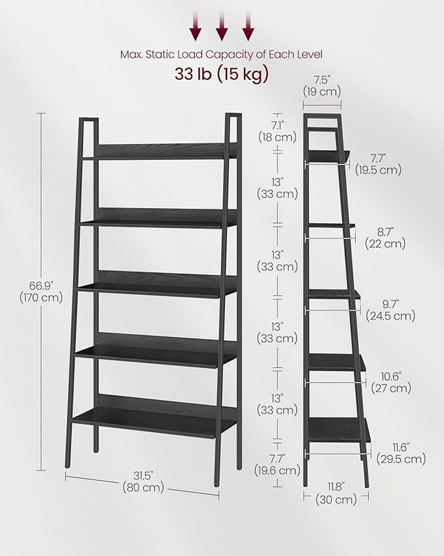 VASAGLE Bookshelf, 5-Tier Bookcase, Ladder Shelf for Home Office, Living Room, Bedroom, Kitchen, Ebony Black and Ink Black ULLS129B56 - LeafyLoom