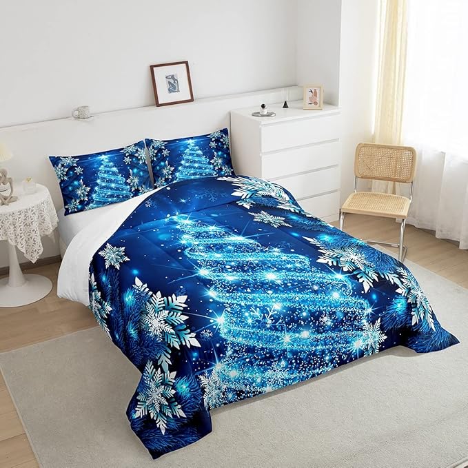 Feelyou Girls Christmas Tree Comforter Set Blue Xmas Theme Comforter Full Chic Winter Snowflake Bedding Set for Girls Daughter Bedroom Decor Soft Girly Glitter Quilted Duvet Winter Warm Bedding - LeafyLoom