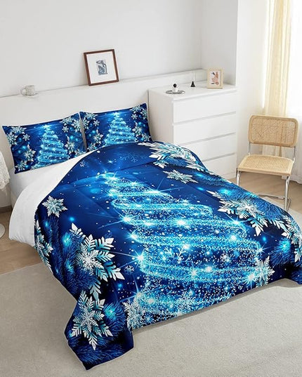 Feelyou Christmas Tree Comforter Set King Xmas Snowflake Comforter for Girls Women Daughter New Year Room Decor Blue Glitter Merry Christmas Bedding Set Winter Warm Soft Quilted Duvet Boys - LeafyLoom
