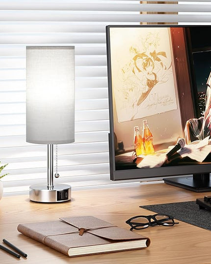 Grey Table Bedside Lamp for Bedroom Nightstand - Small Silver Lamp with USB A + C Charging Port, 3 Color Temperatures Pull Chain Night Stand Light with Bulb, Side Table Desk Lamp for Living Room - LeafyLoom