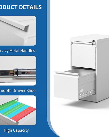 Vertical File Cabinet with Drawer, 2 Drawer File Cabinet with Lock, Filing Cabinets for Home Office, Hanging Files for A4/ Legal/Letter, White - LeafyLoom