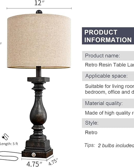 BOBOMOMO Retro 27" USB Charging Ports A/C 3 Way Dimmable Touch Control Black Farmhouse Lamps for Bedrooms Retro Side Table Lamps Set of 2 Bedside Lamp for Side Nightstand Living Room(Bulb Included) - LeafyLoom
