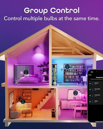Geeni Smart Light Bulbs - Color Changing & Tunable White, Dimmable, Works with Alexa & Google Home, 2.4 GHz WiFi, A19, 800 lm, 4 Pack Geeni
