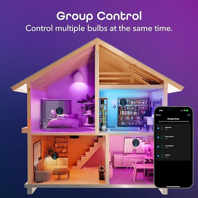 Geeni Smart Light Bulbs - Color Changing & Tunable White, Dimmable, Works with Alexa & Google Home, 2.4 GHz WiFi, A19, 800 lm, 4 Pack Geeni