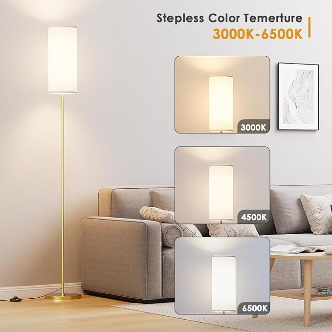 Floor Lamp for Living Room, Modern Standing lamp with Remote Control, Stepless Dimmable 12W Bulb & Beige Lampshade Included, Gold Pole Tall Floor Lamp for Bedroom Office - LeafyLoom