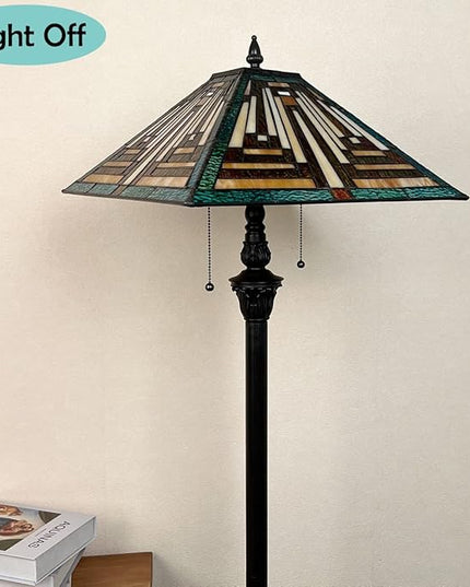 Tiffany Floor Lamp Mission Style Green Stained Glass Floor Light for Reading Antique 16" Double Light Standing Lamp for Living Room Bedroom Home Office - LeafyLoom