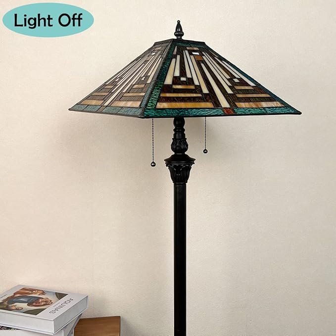 Tiffany Floor Lamp Mission Style Green Stained Glass Floor Light for Reading Antique 16" Double Light Standing Lamp for Living Room Bedroom Home Office - LeafyLoom