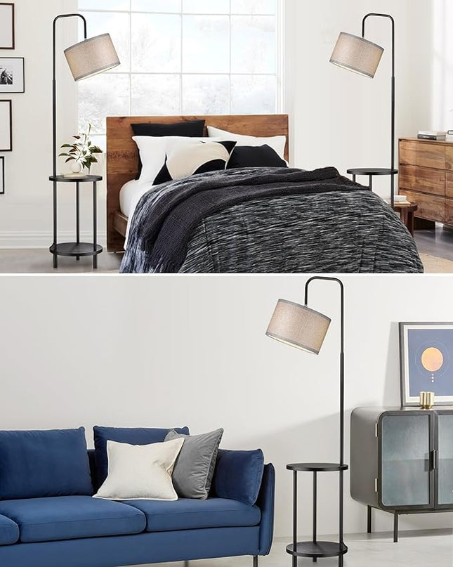 ELYONA Modern Floor Lamp for Living Room, Solid Wood Side Table Lamp with Grey Fabric Drum Shade, 3-Color Temperatures End Table Standing Light for Bedroom, Living Room, LED Bulb Included, Matte Black - LeafyLoom