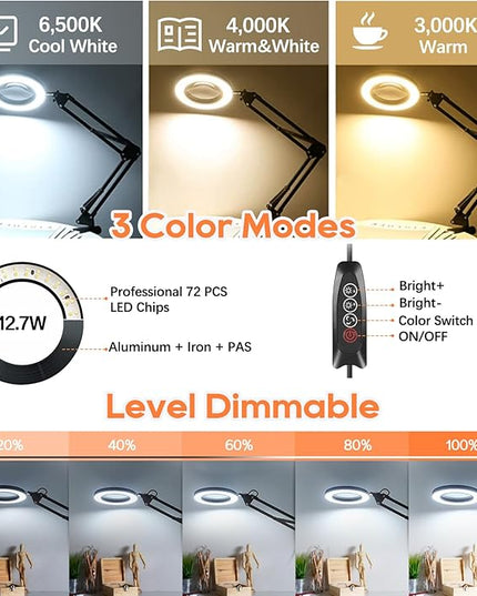 10X Magnifying Glass with Light, Adjustable Swing Arm 72 LEDs Real Glass Lens Magnifier Light,3 Color Modes 10 Stepless Dimmable,Perfect for Daily Reading,Hobbies, Crafts - LeafyLoom
