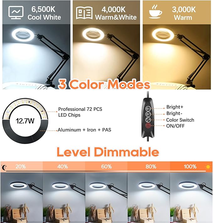 10X Magnifying Glass with Light, Adjustable Swing Arm 72 LEDs Real Glass Lens Magnifier Light,3 Color Modes 10 Stepless Dimmable,Perfect for Daily Reading,Hobbies, Crafts - LeafyLoom