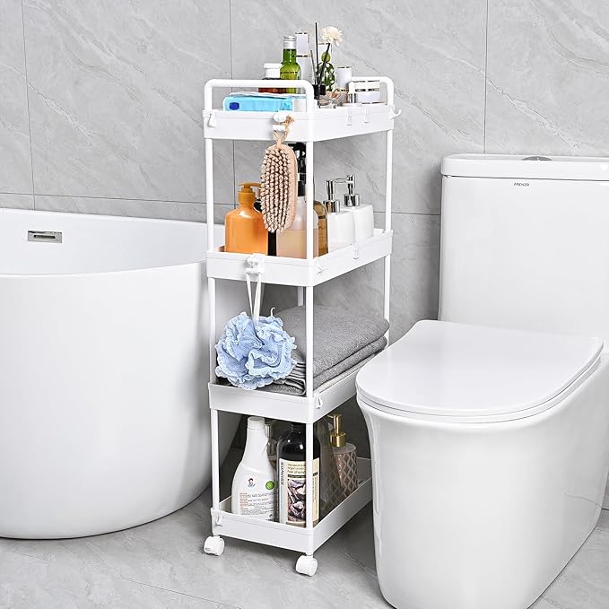 AROGAN Rolling Storage Cart with Wheels, 4 Tier Bathroom Storage Cart Laundry Room Organizer, Rolling Utility Cart for Kitchen, Bathroom, Laundry Room, Office, Narrow Place (White) - LeafyLoom