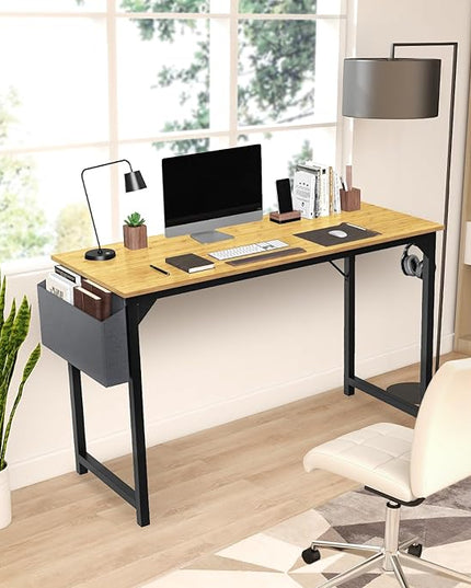 JHK Computer Small Desk Office 32 Inch Writing Work Kids Study Simple Wooden Table for Home Bedroom Modern Style with Headphone Hooks & Storage Bag, Nature - LeafyLoom