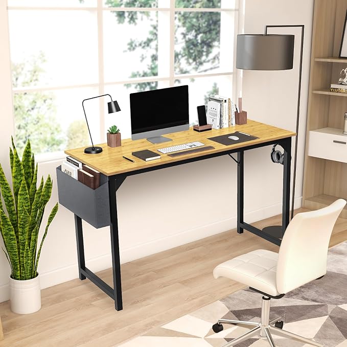 JHK Computer Small Desk Office 32 Inch Writing Work Kids Study Simple Wooden Table for Home Bedroom Modern Style with Headphone Hooks & Storage Bag, Nature - LeafyLoom