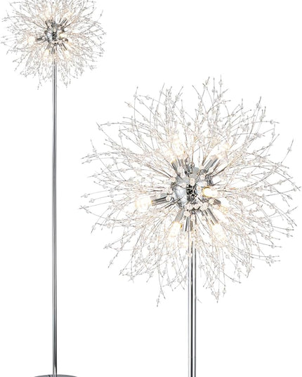 Modern Crystal Floor Lamp (9-Light, 70-Inch, Chrome), Standing Lamp with Footswitch, LED Floor Lamp for Living Room, Girls Room, Bedroom, Dresser, Office (Bulbs NOT Included) - LeafyLoom